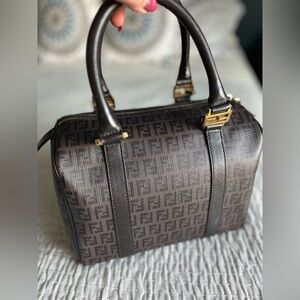 Authentic Fendi Zucchino Spalmati Coated Canvas Bauletto Boston Bag 8BL068